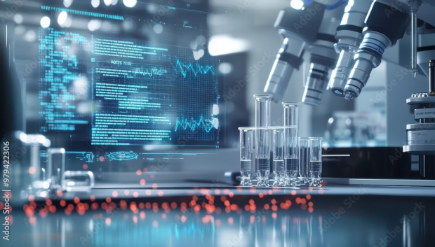  Test tubes, microscopes and a digital display.